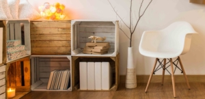 Cube storage used when decorating a model apartment instantly livens a room.