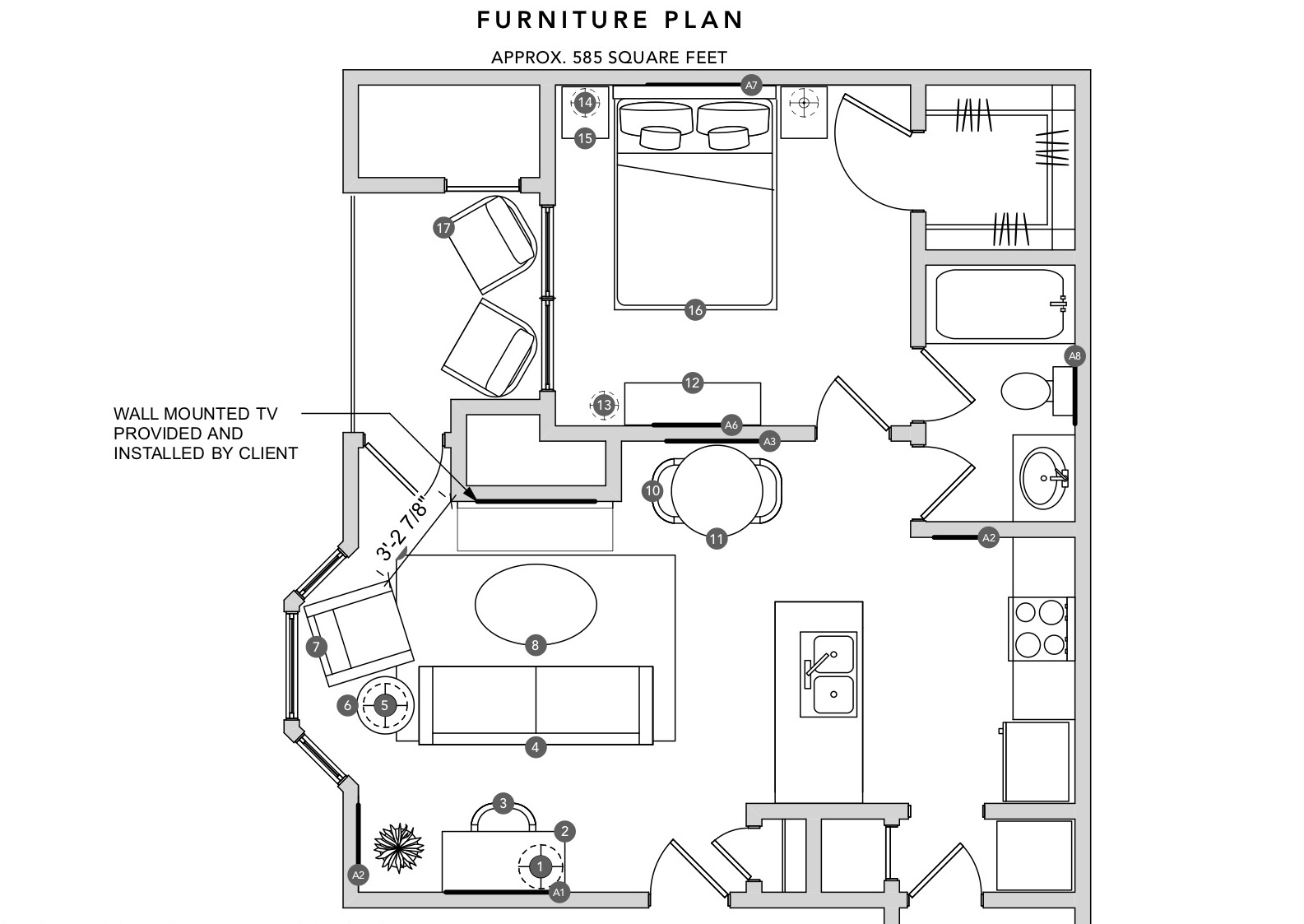 Blueptiny of the 1 bedroom apartment at the Herndon apartment building