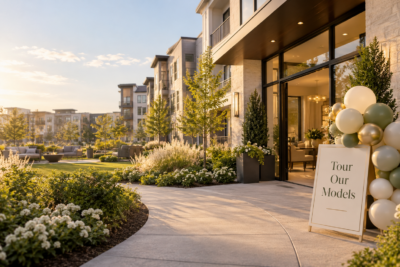 Multifamily apartment complex entrance to tour model units